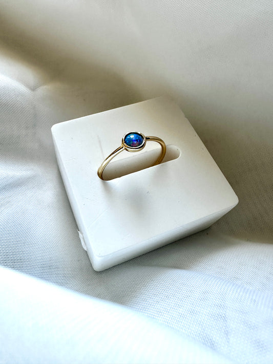 Dainty 18K Gold Filled Round Blue Opal Stone Adjustable Ring, Stacking Ring