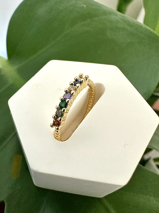 Dainty Gold Twist Band Simple Band with Colorful Cz Stone Adjustable Ring