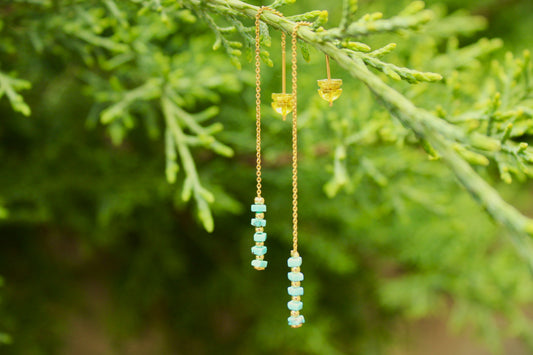 Turquoise Gemstone Chain Threader Earrings 16K Gold Filled