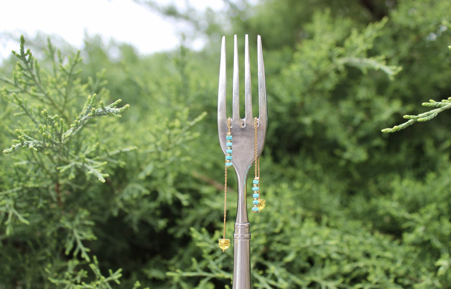Turquoise Gemstone Chain Threader Earrings 16K Gold Filled
