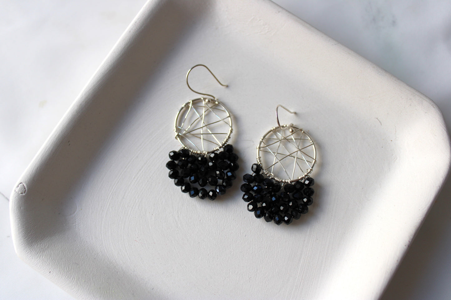 Sterling Silver Wire Wrapped Hoops with Black crystals Murano