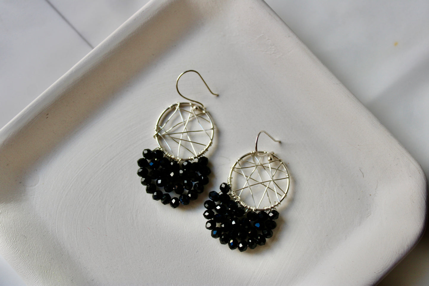 Sterling Silver Wire Wrapped Hoops with Black crystals Murano