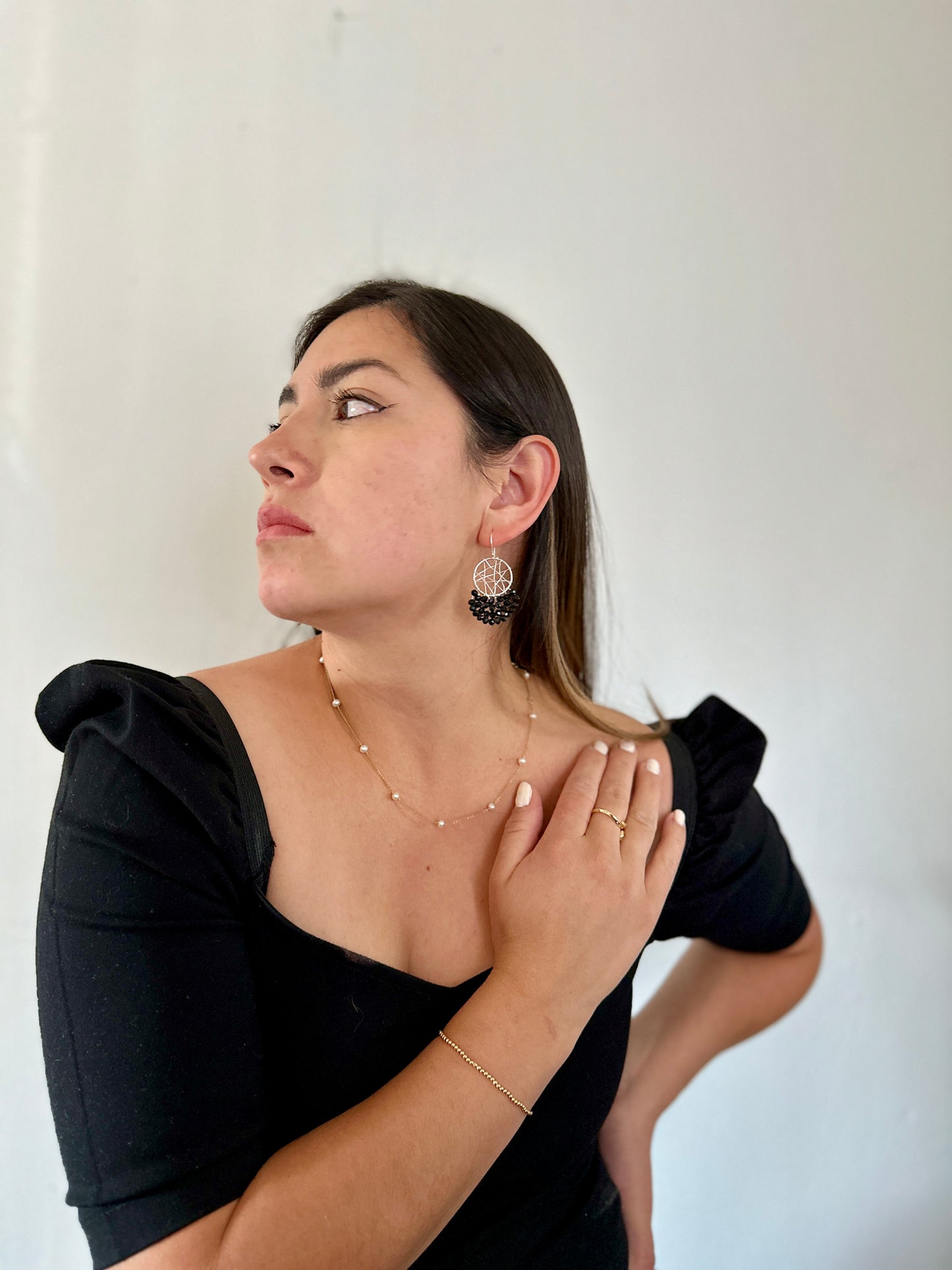 Sterling Silver Wire Wrapped Hoops with Black crystals Murano