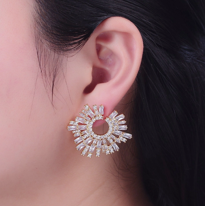 24K Gold Filled Tapered Baguette Sunburst Cubic Zirconia Stu