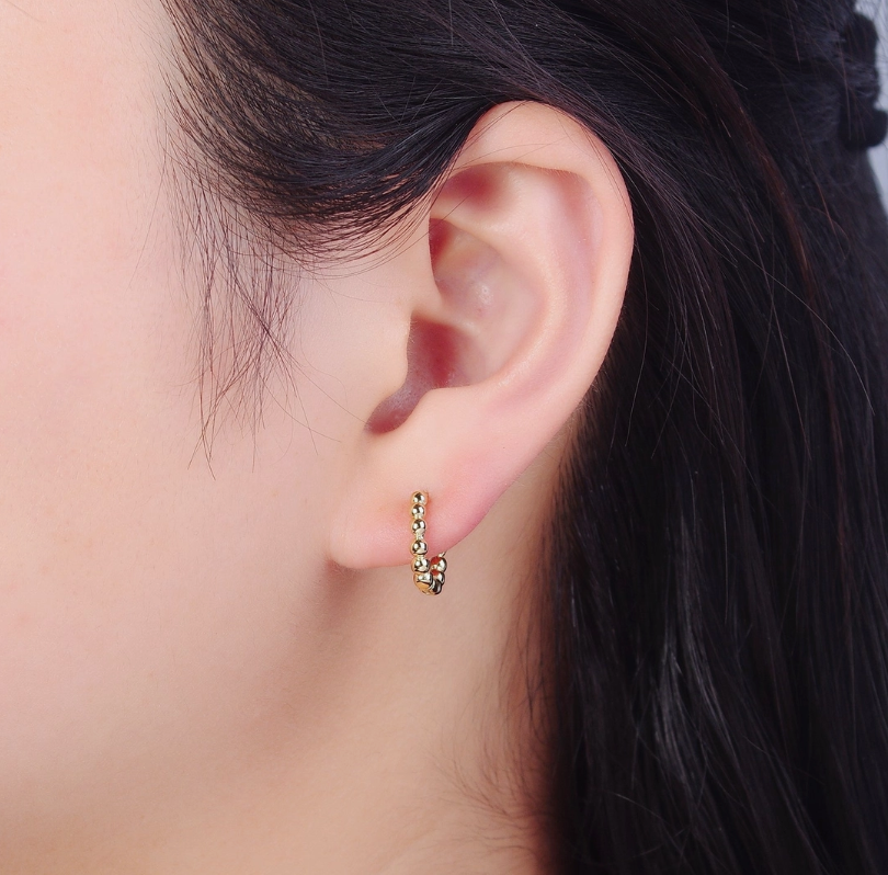 Dainty 14K Gold Filled Beaded Ball Round Bubble Huggie Hoop
