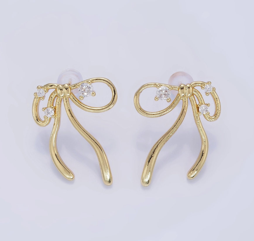 14K Gold Filled Cz Coquette Ribbon Tied Bow Stud Earrings