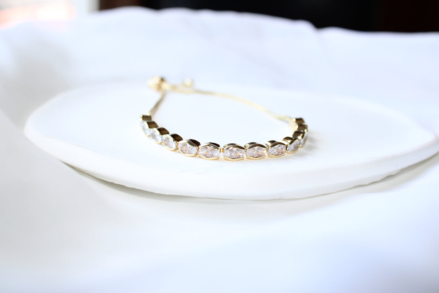 24K Gold Filled Clear Oval Cubic Zirconia Adjustable Bracele