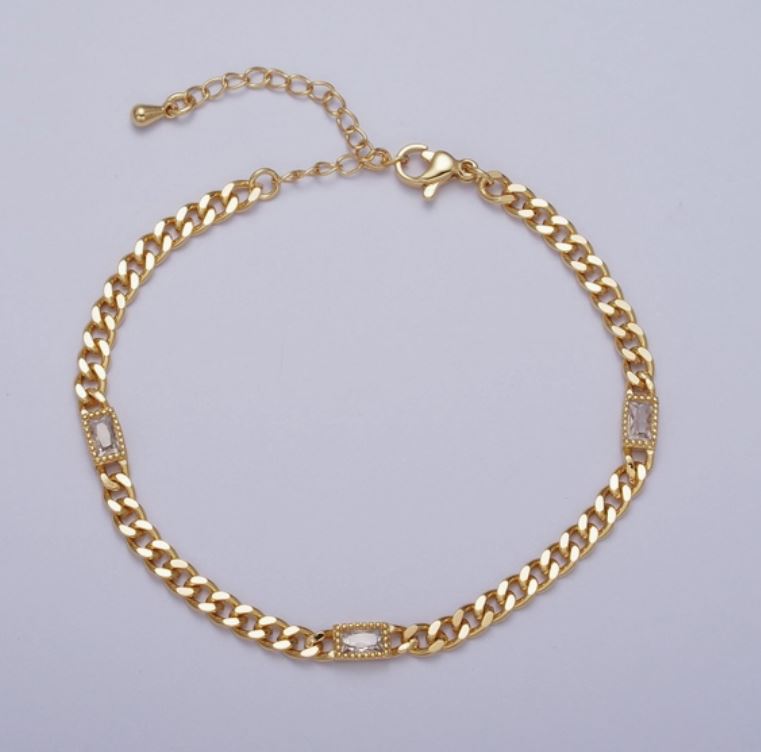 Clear Baguette Cz 3.8mm Curb Chain Bracelet 24k gold filled