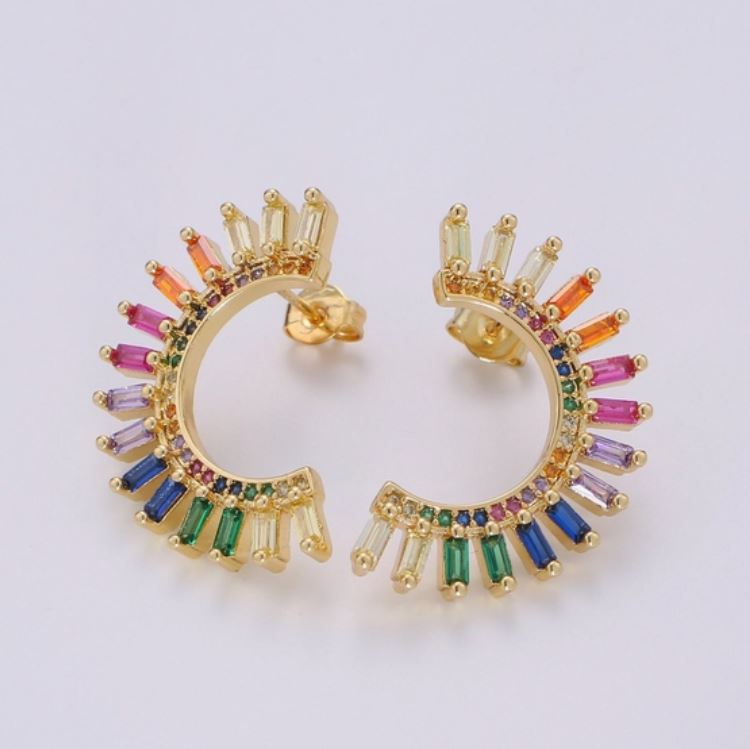 Rainbow Studs Moon Rainbow Earrings  Gold Multi Color Stone Earrings Fan Studs Kawaii Style Statement Earring
