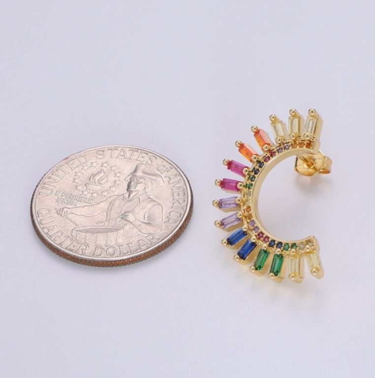 Rainbow Studs Moon Rainbow Earrings  Gold Multi Color Stone Earrings Fan Studs Kawaii Style Statement Earring