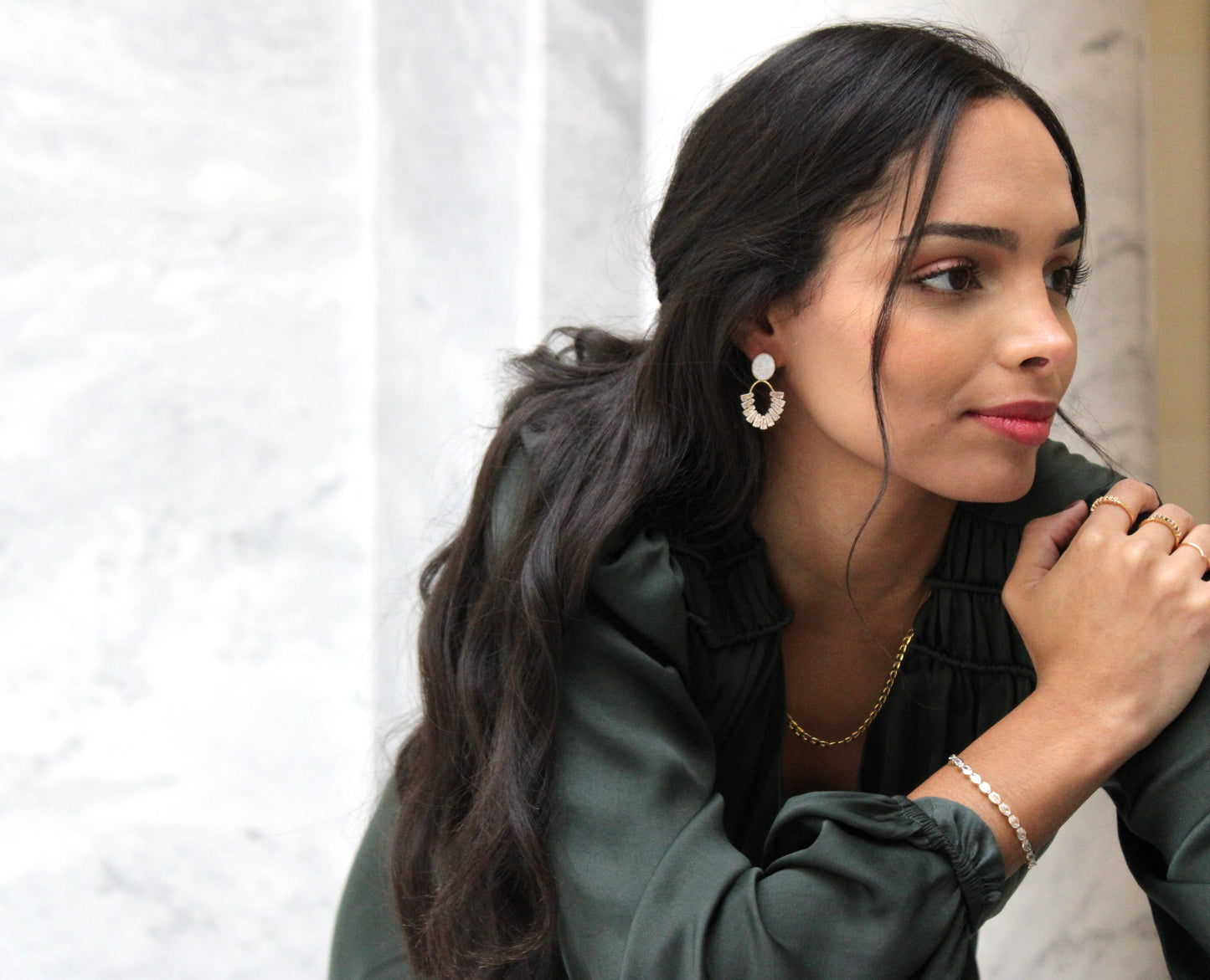 White Opal Oval with Baguette Cubic Zirconia Drop Gold Stud Earrings