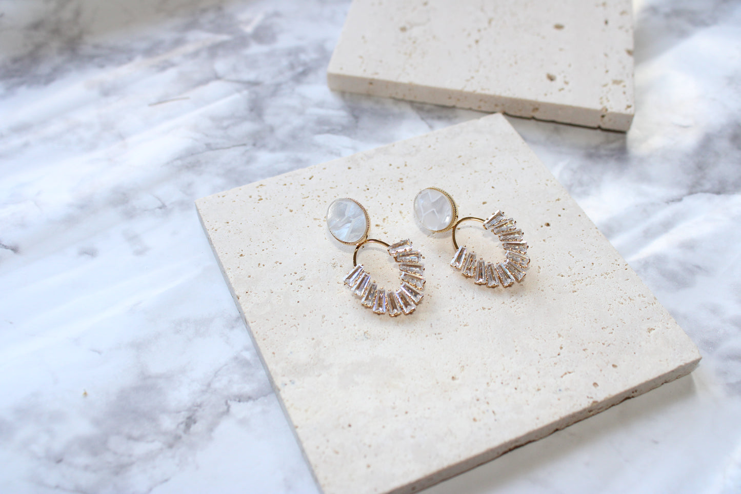 White Opal Oval with Baguette Cubic Zirconia Drop Gold Stud Earrings