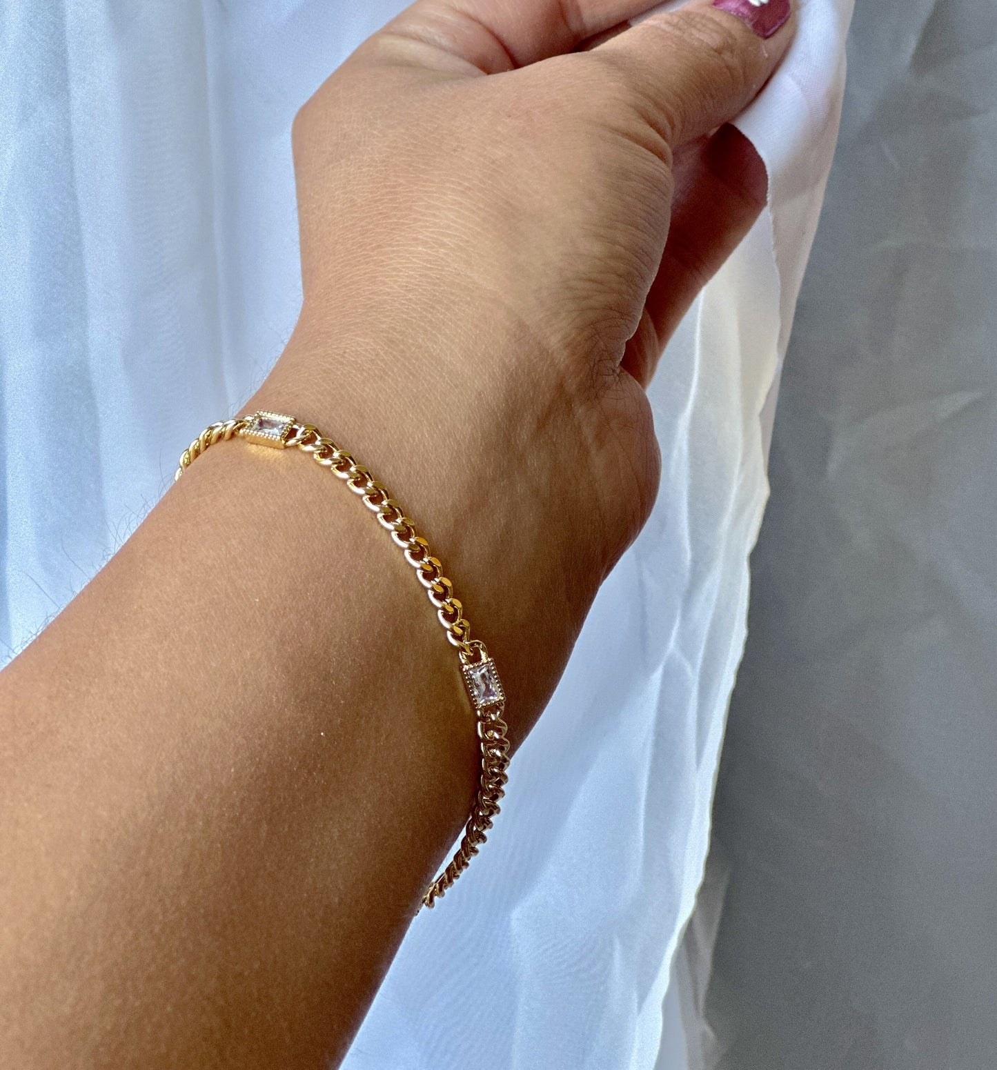 Clear Baguette Cz 3.8mm Curb Chain Bracelet 24k gold filled