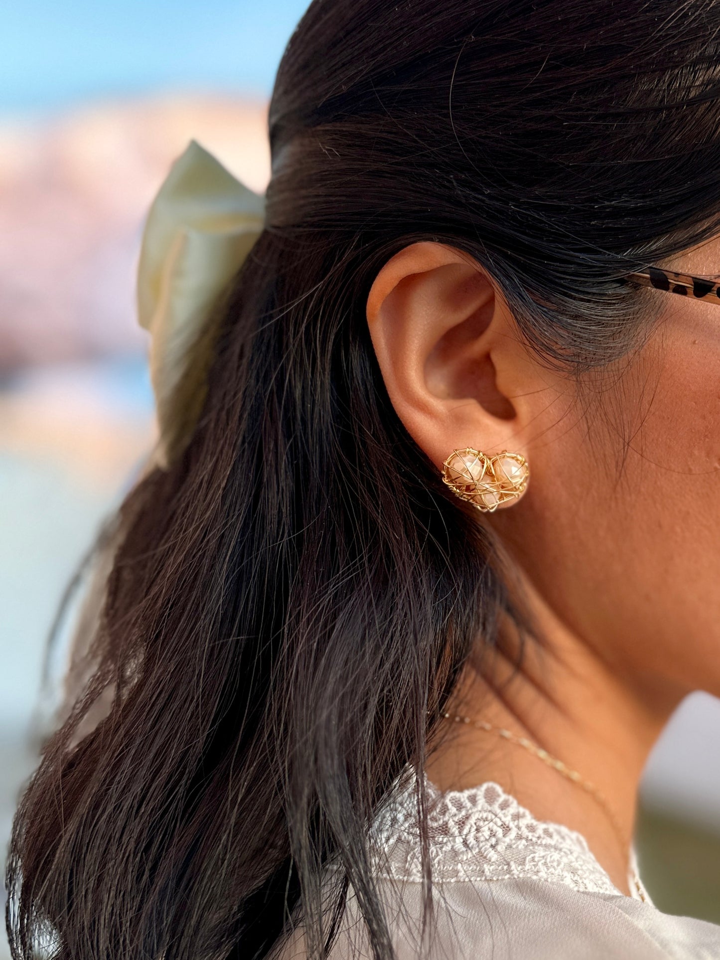 Heart Wire wrapped Earrings with Murano Crystals Stud Earrings