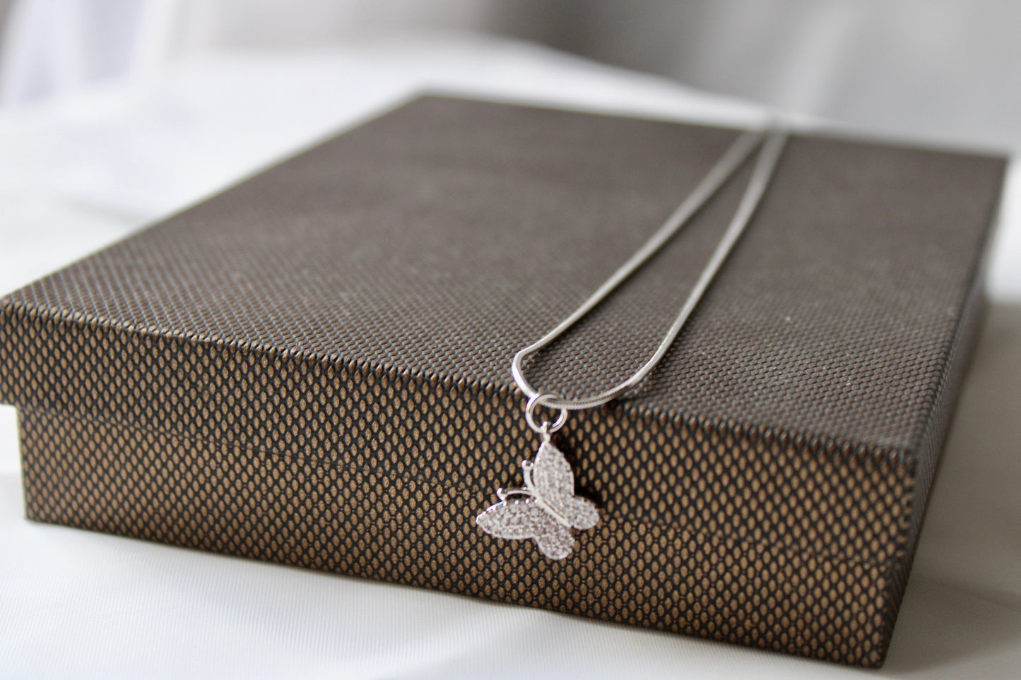 Dainty Micro Pave Butterfly Charm Rhodium White Gold Butterfly Pendant