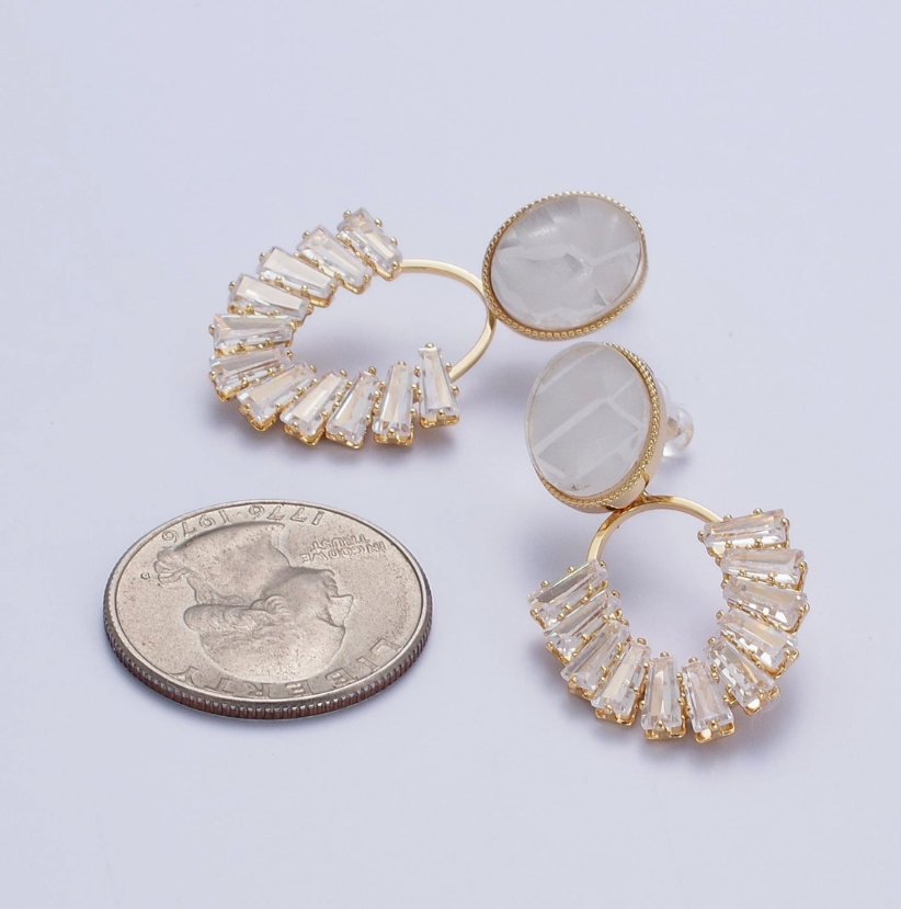 White Opal Oval with Baguette Cubic Zirconia Drop Gold Stud Earrings