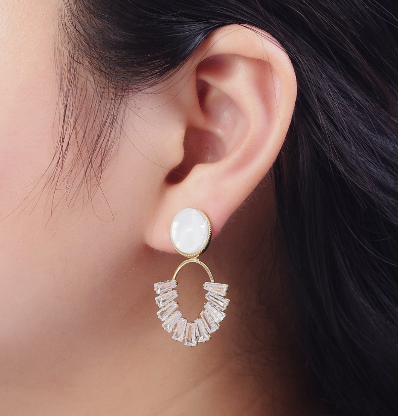 White Opal Oval with Baguette Cubic Zirconia Drop Gold Stud Earrings