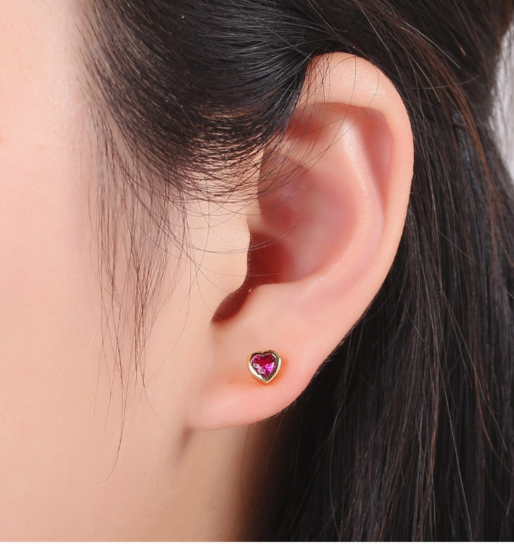 Tiny Heart Cz Plain Bezel Set Earrings, 14K Gold Earring