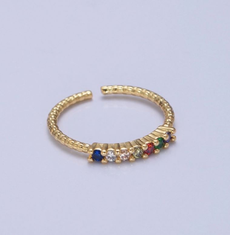 Dainty Gold Twist Band Simple Band with Colorful Cz Stone Adjustable Ring