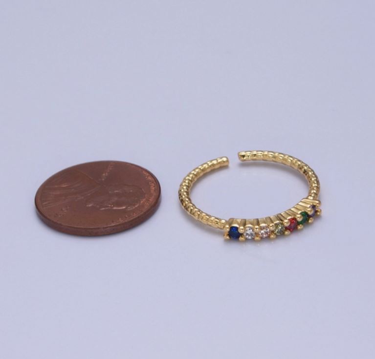 Dainty Gold Twist Band Simple Band with Colorful Cz Stone Adjustable Ring