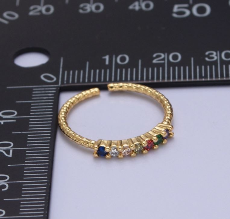 Dainty Gold Twist Band Simple Band with Colorful Cz Stone Adjustable Ring