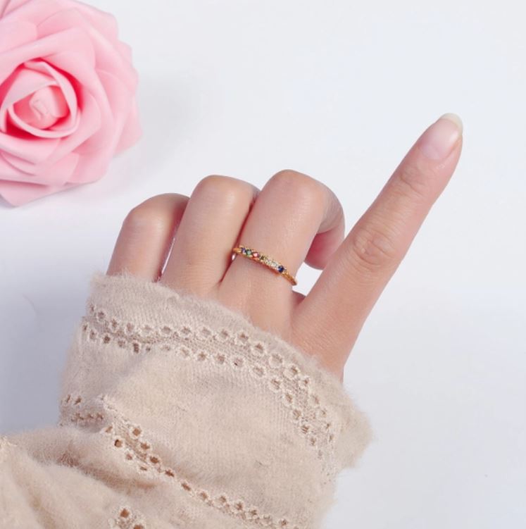 Dainty Gold Twist Band Simple Band with Colorful Cz Stone Adjustable Ring