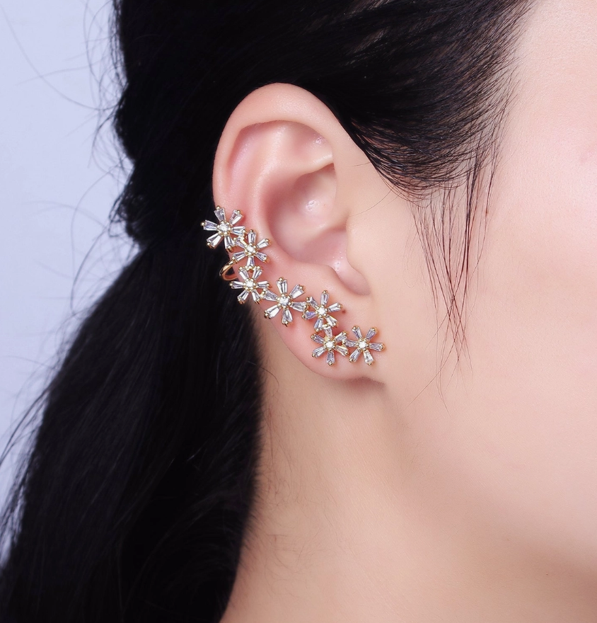 16K Gold Filled Multiple Flower Clear Baguette Ear Crawler Cuff Stud Earrings in Gold
