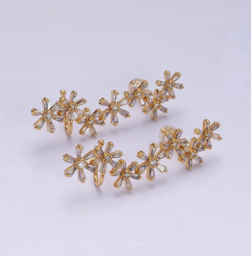 16K Gold Filled Multiple Flower Clear Baguette Ear Crawler Cuff Stud Earrings in Gold