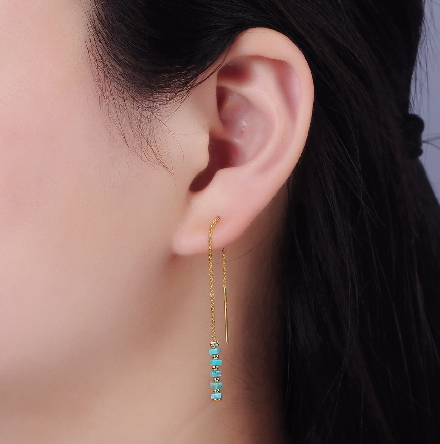 Turquoise Gemstone Chain Threader Earrings 16K Gold Filled