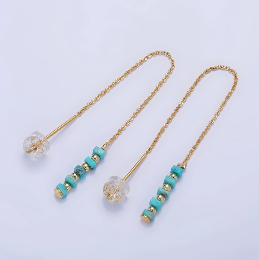 Turquoise Gemstone Chain Threader Earrings 16K Gold Filled