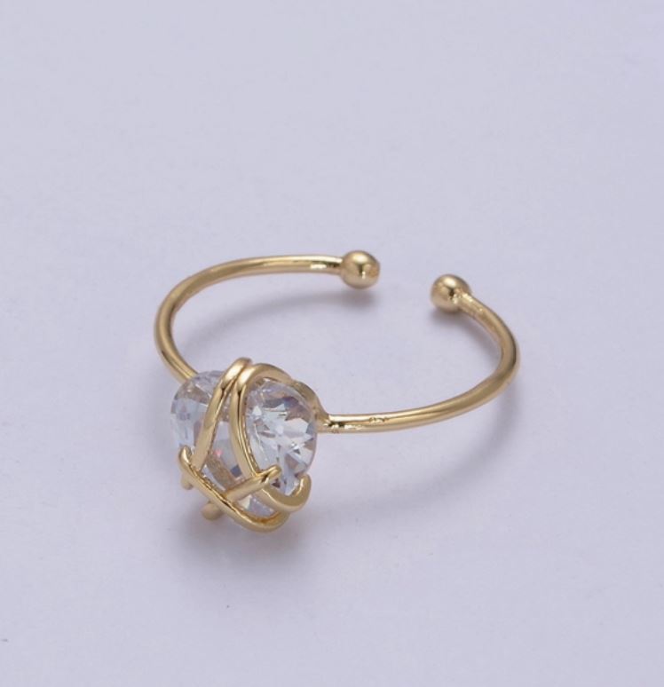 Gold Filled Dainty Heart Wrapped Clear Birthstone Adjustable Ring 16k gold filled