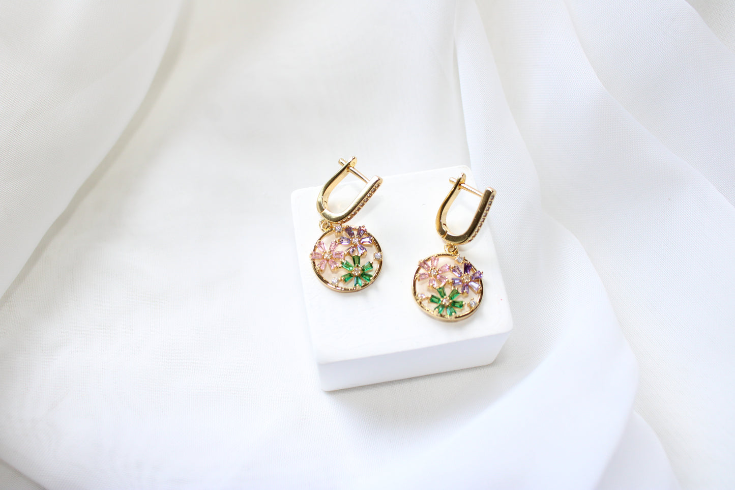 Gold Filled Flower Baguette Multicolor Open Drop Earrings