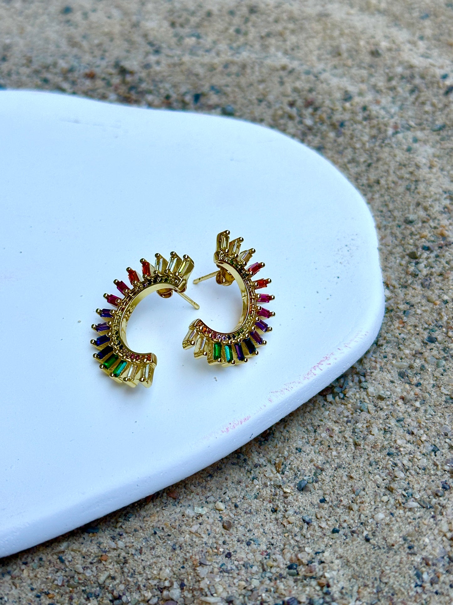 Rainbow Studs Moon Rainbow Earrings  Gold Multi Color Stone Earrings Fan Studs Kawaii Style Statement Earring