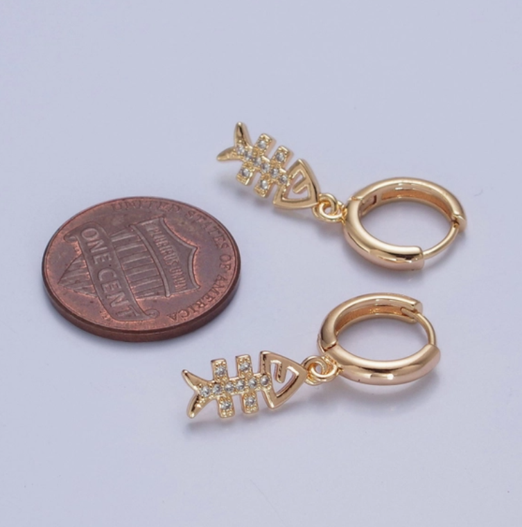 24K Gold Filled Micro Pave Earrings Cubic Zirconia Fish Bone Charm