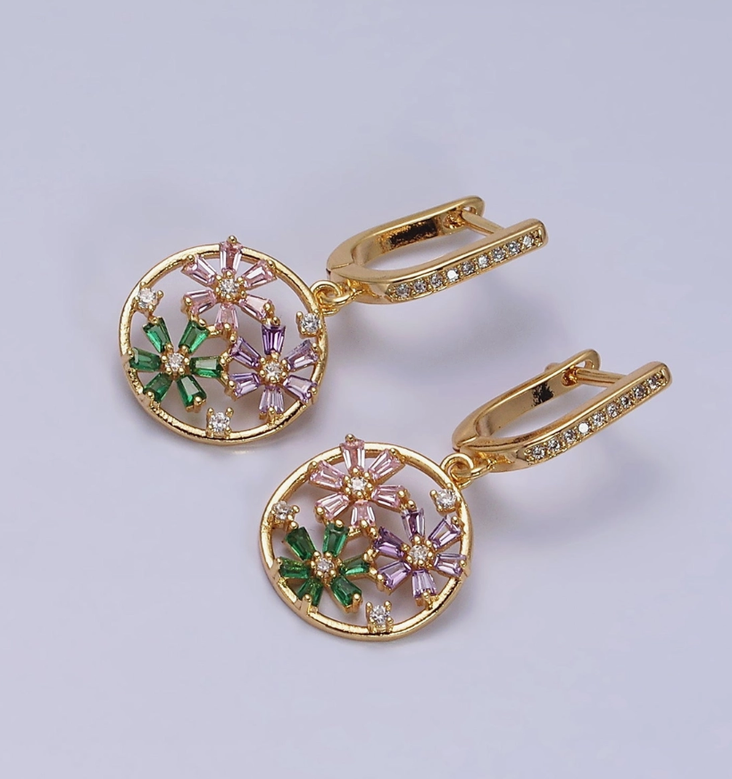 Gold Filled Flower Baguette Multicolor Open Drop Earrings