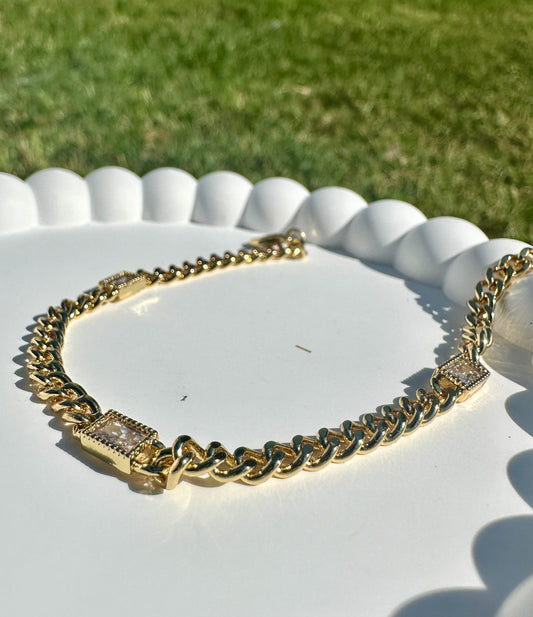 Clear Baguette Cz 3.8mm Curb Chain Bracelet 24k gold filled