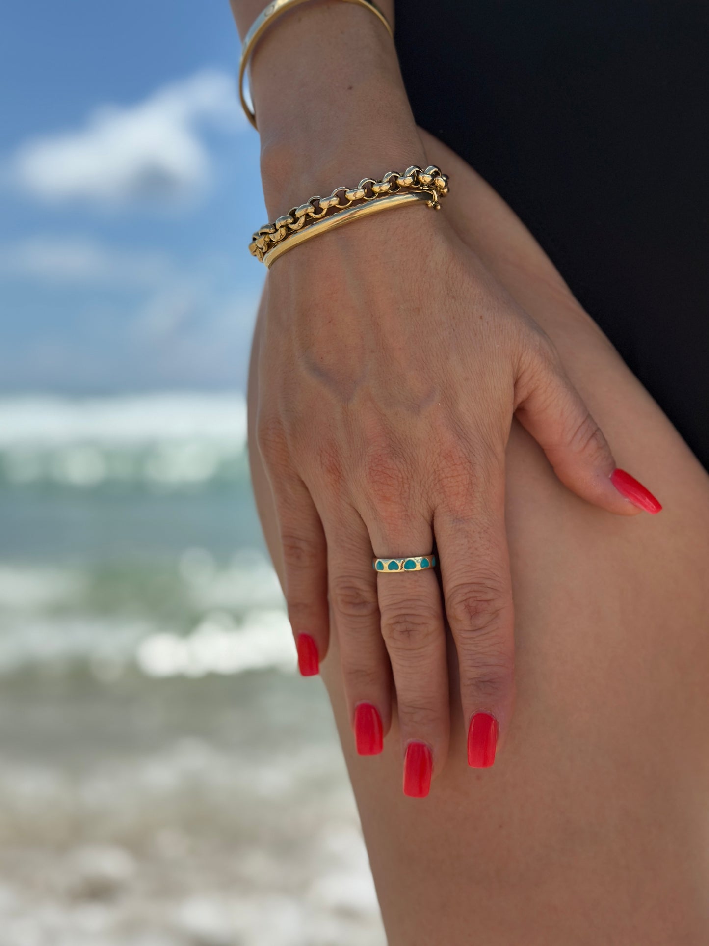 Dainty Colorful Turquoise Enamel Heart Adjustable Ring, Gold Enamel