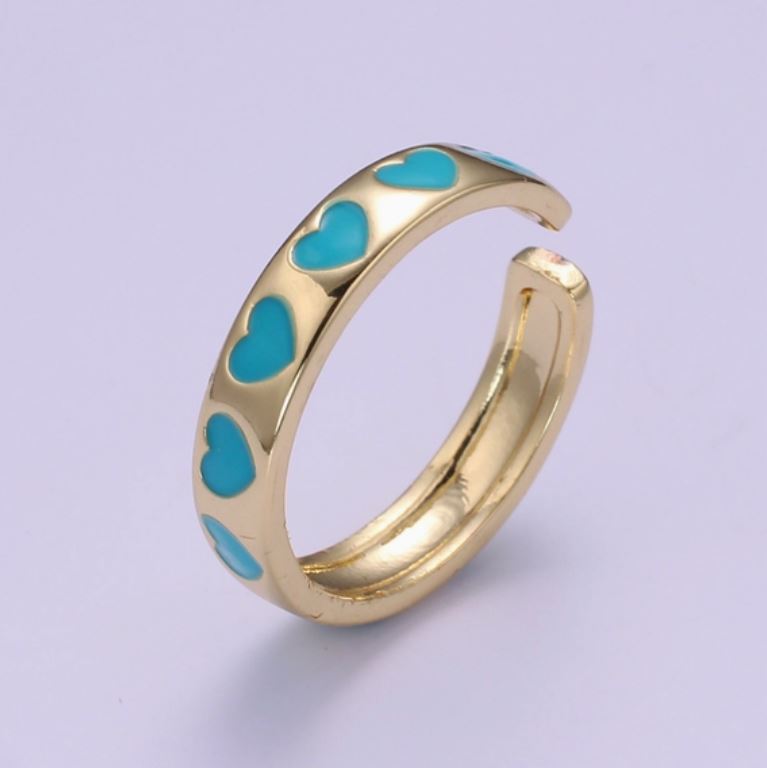 Dainty Colorful Turquoise Enamel Heart Adjustable Ring, Gold Enamel